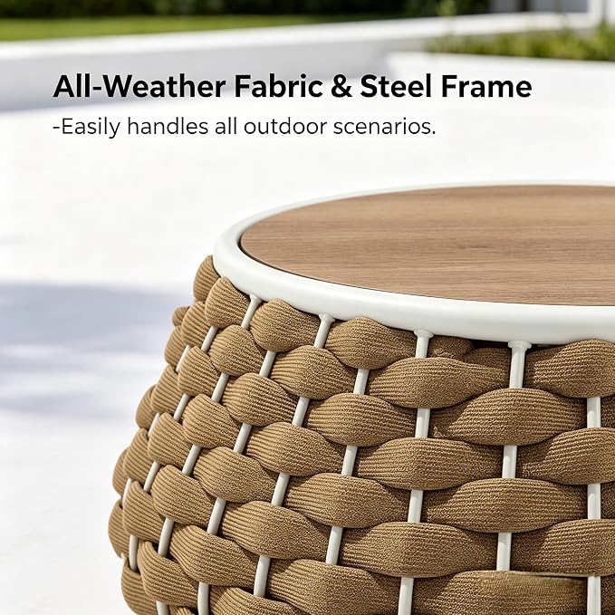 YDcosyfy Large Round Outdoor Side Table, 28 Inches Patio End Table with Removable Wood Top, Outside Coffee Table, All-Weather Metal Frame, Hollow Out Bottom Storage, for Balcony, Porch, Garden, Brown