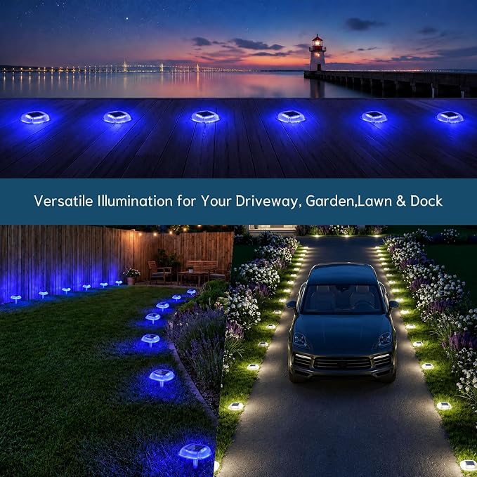 Solar Deck Lights Outdoor, Waterproof Solar Driveway Lights | 6 Pack 2 Colors in 1 Solar Ground Lights Stake & Screw Installation for Lawn Driveway Sidewalk Pathway (White/Blue)