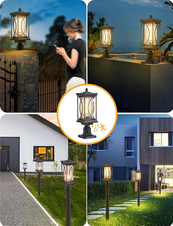Motion Outdoor Post Lantern Dusk to Dawn Pillar Lamp with 3 Inch Pier Mount Adapter, Black Pole Light Aluminum with Crackle Glass Motion Outdoor Post Lights for Patio, Yard, Garden, Pathway