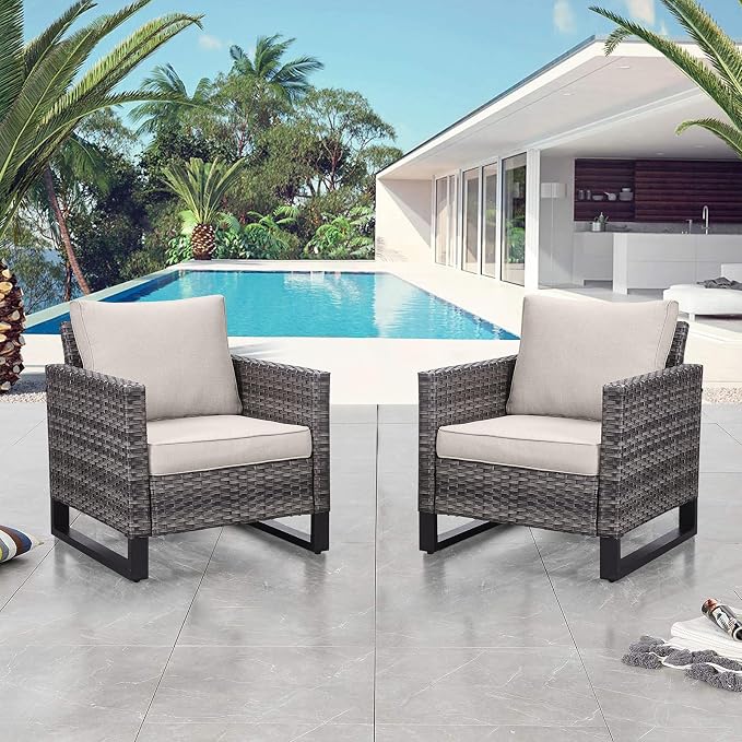 Belord Oversize Patio Chairs Set of 2 Outdoor Wicker Dining Chairs, All-Weather Rattan Patio Club Chair Furniture Sets with Water-Resistant Cushion Anti-Rust Frame Beige