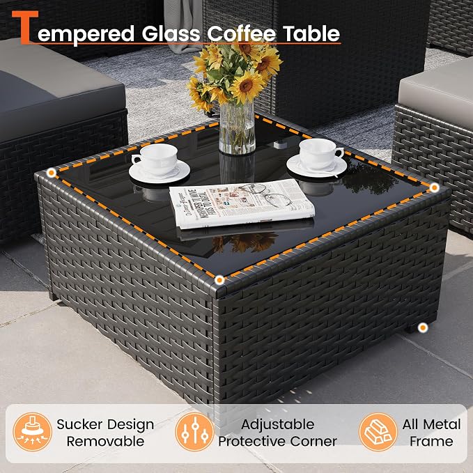 8 Piece Patio Furniture Set with 43" Fire Pit Table, Outdoor Sectional Wicker Sofa Set with Coffee Table (Grey/Black)