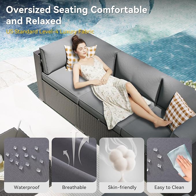 Aoxun Patio Furniture Set with Umbrella, 8 Piece Outdoor Sectional Sofas, Wicker Rattan Outdoor Furniture with Thickened Cushion for Backyard, Garden Light Grey
