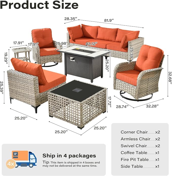 9 Pieces Outdoor Sectional Patio Furniture Set with 42" Fire Pit,Conversation Sets Rattan Wicker L Shaped Couch Swivel Rocking Chairs,Modular Outdoor Sofa for Porch Balcony Backyard Orange