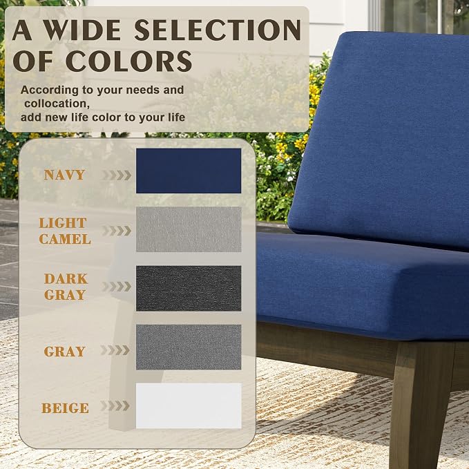 Wood Patio Furniture Sets, 3 Pieces All Weather Patio Loveseat Sofa Outdoor Sectional Futniture Backyard Conversation Set with Solid Wooden Coffee Table - Navy Blue