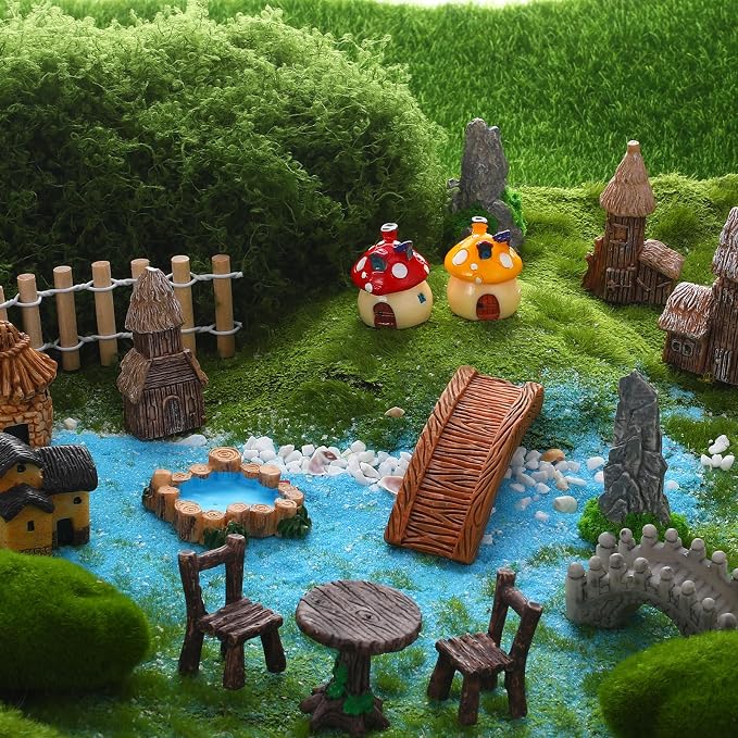 32 Pcs Fairy Garden Accessories Miniature Landscape Ornaments Set | Resin Miniature Garden Decor Set with Woodland Animals Houses, 32 Pcs DIY Terrarium Succulent Plant Ornaments
