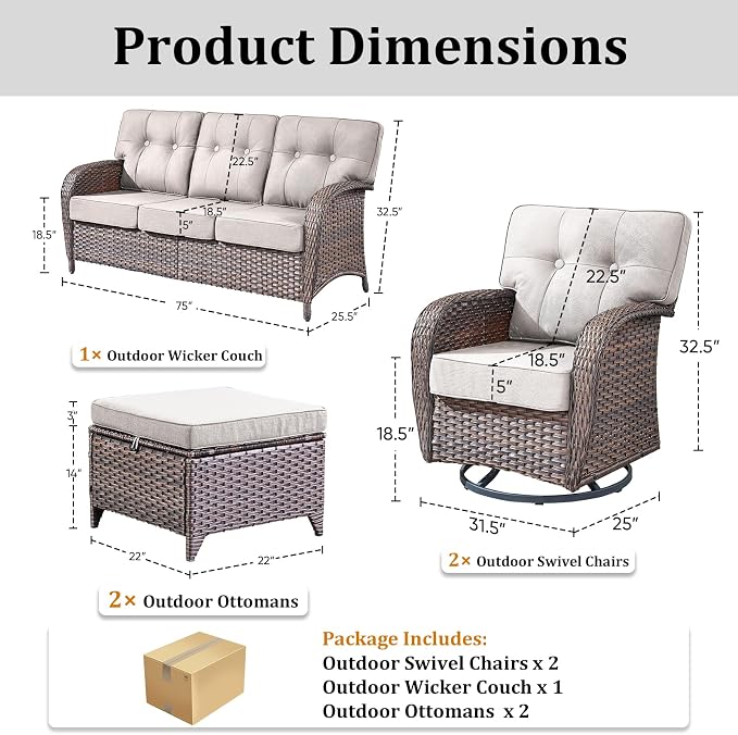 Patio Furniture Set, 5PCS Outdoor Wicker Conversation Set with 5" Thick Cushions, High Back Rattan Sofa & Swivel Rocker Chairs, Weather Resistant Olefin Fabric for Garden, Poolside Brown/Beige