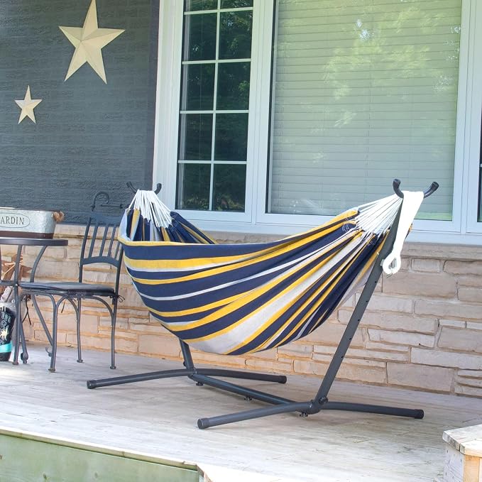 Vivere Double Cotton Hammock with Space Saving Steel Stand, Upgraded Polyester End Strings 450 lb Capacity - Premium Carry Bag Included - USA Grown Cotton (Serenity)