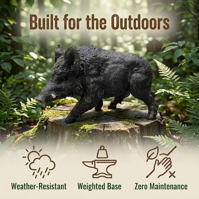 Rustic Wild Boar Garden Statue, Black, 21.26 Inch Resin | Animal Sculpture, Textured Fur & Prominent Tusks, Outdoor Ornament, For Lawn, Patio & Woodland Landscape