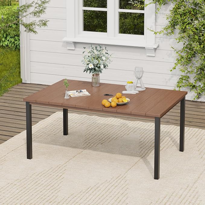 VICLLAX 7 Pieces Patio Dining Set, Patio Furniture Set of Metal Outdoor Table with Umbrella Hole and 6 Swivel Patio Chairs for Backyard Lawn, Mixed Brown & Walnut