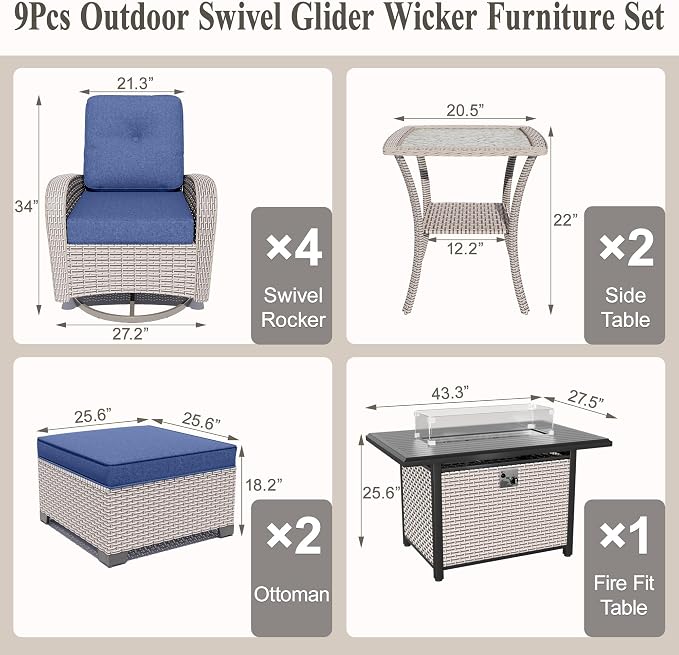 9-Piece Patio Furniture Set, Outdoor Swivel Rocking Chairs Set with 55,000 BTU Fire Pit Table,All Weather Conversation Set for Porch Poolside Balcony