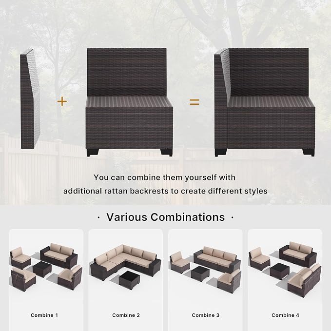 Gotland 6 Pieces Patio Furniture Set with 1 Coffee Table, 5 Seater Rattan Outdoor Sectional with Wide Armrests 29.5'' High Backrest Thick Waterproof Cushions, Conversation Sets for Deck Garden Khaki