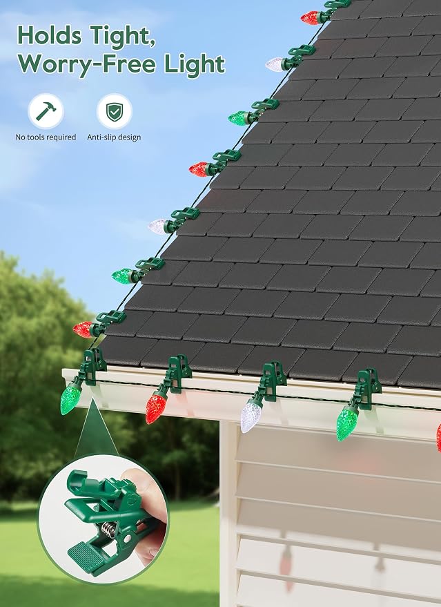C9 Christmas Lights Outdoor, 102FT 150 LED String Lights with Spring Clips | Waterproof Connectable Commercial Grade Christmas Tree Lights for Outside Roofline Patio Yard Home, Red Green|Pure White