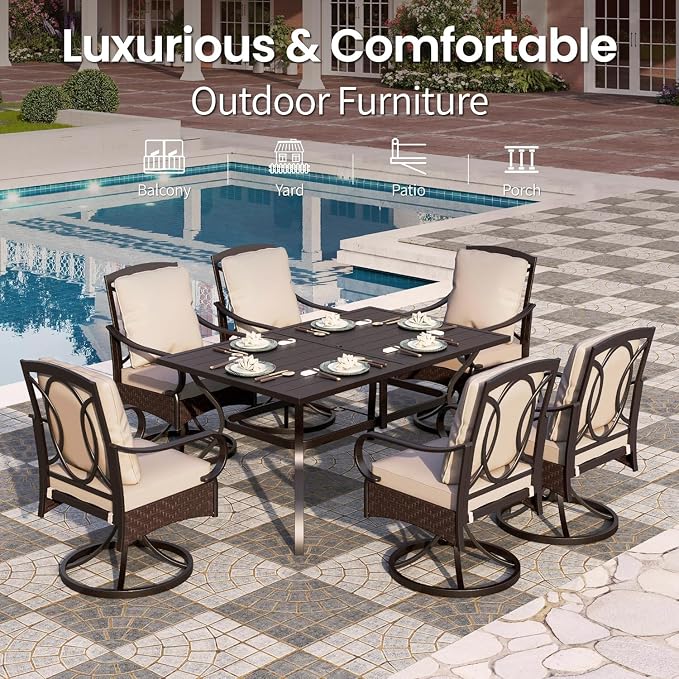 PHI VILLA Swivel Patio Dining Chairs Wicker Chairs Set of 4 with Cushions | Heavy Duty Outdoor Metal Wicker Dining Chair with Padded Cushions, Large All Weather Wrought Iron Patio Chair for Balcony