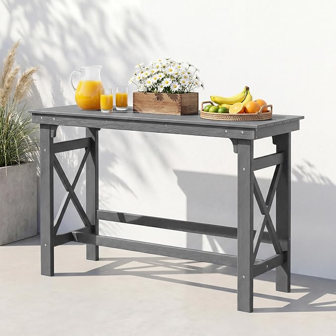 60" HDPE Outdoor Bar Table, Rectangle Patio Bar Height Counter Table, All-Weather Adirondack Outdoor Pub Table, Waterproof Patio Bar Table for Outside, Garden, Backyard, Deck, Grey