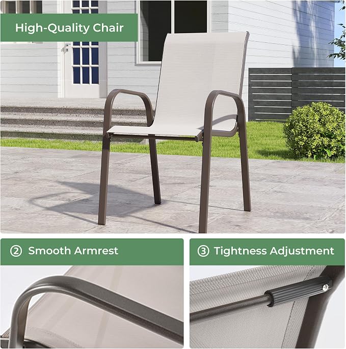 Outdoor Dining Set for 8, Patio Dining Set with Textilene Dining Chairs, Metal Dining Table with Umbrella Hole, Stackable Outdoor Chairs for Garden, Patio, Poolside and Backyard, Grey