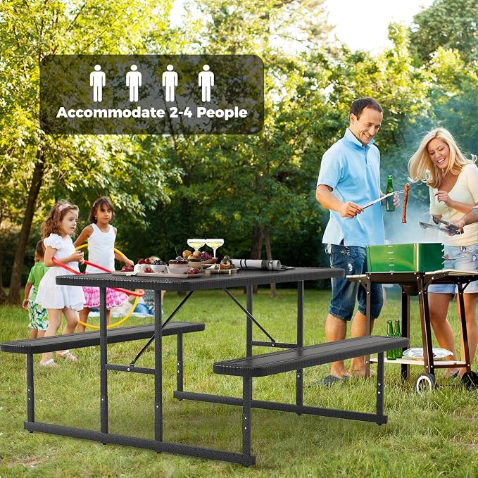 Byroce Outdoor Picnic Table for 4 Person, Rectangular Picnic Camping Table Set with Long Benches, Umbrella Hole & Metal Frame, Heavy Duty HDPE Dining Table Chairs for Patio, Yard & Poolside (Black)