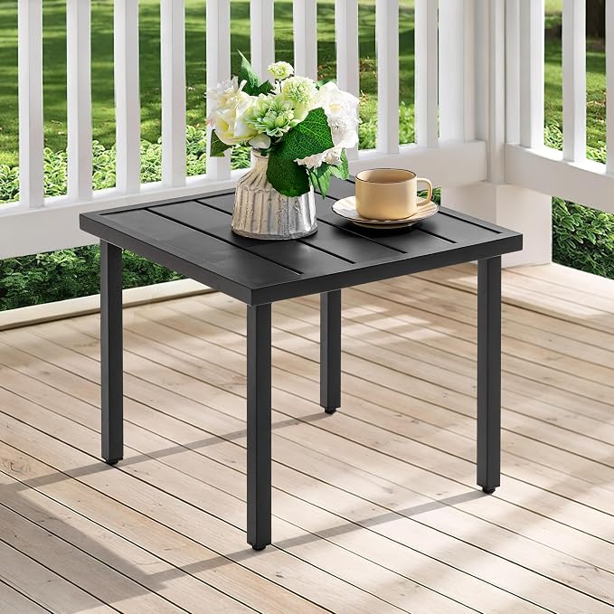 NUU GARDEN Outdoor Patio Side Table, Metal Side Table, Black | Features a slatted tabletop, adjustable feet and powder-coated metal construction for outdoor use and easy maintenance.