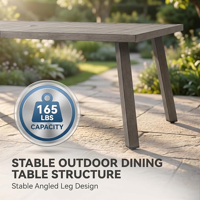 Outdoor Folding Dining Table, 37.4"-70.5" Extendable Patio Iron Table with Umbrella Hole, Weather Resistant Slatted Rectangular Table for Backyard Garden, Gray Finish, Seats 6-8 People