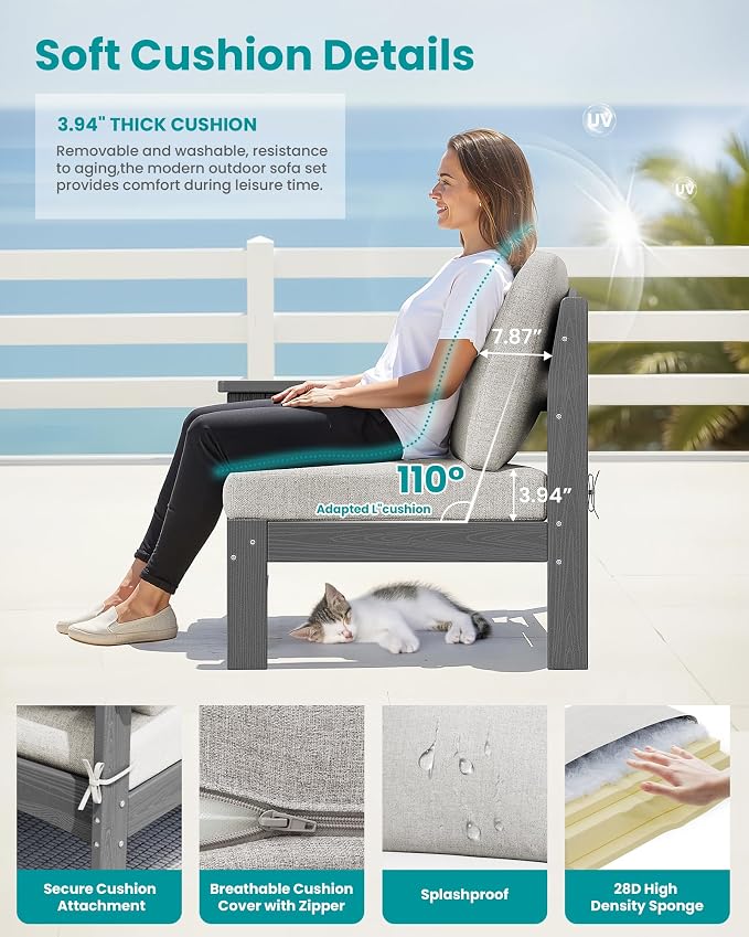 SERWALL 7-Piece Patio Sofa Set, Outdoor Furniture Set, All-Weather HDPE Outdoor Sectional Conversation Set Cushions and Coffee Table, Large Modular Sofas for Garden, Grey Frame with Khaki Cushion
