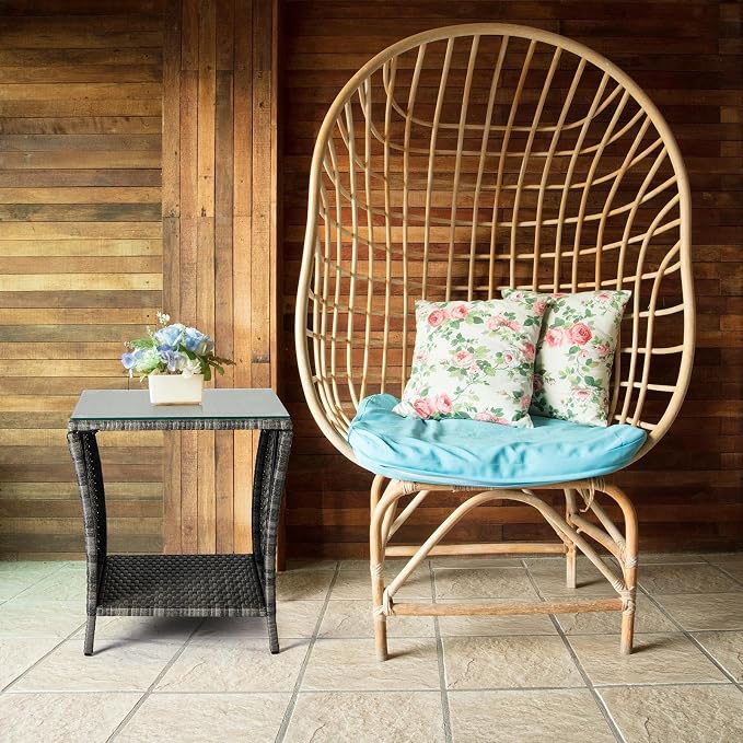 HOMSUPPLIE'S Outdoor Rattan Side Table with Storage, Square Patio Coffee Table w/Tempered Glass Top, Wicker End Table for Porch, Balcony, Poolside & Backyard(Grey,Tempered Glass sty.3)