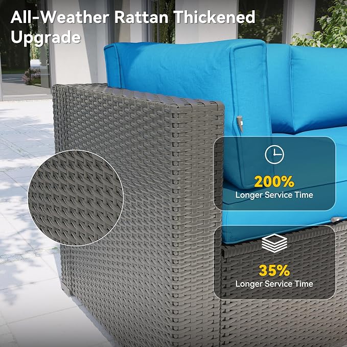 Aoxun Patio Furniture Set, 11 Piece Outdoor Sectional Sofas with Waterprool Cover, 10 Seats Wicker Rattan Outdoor Furniture Patio Conversation Set for Backyard, Garden Peacock Blue