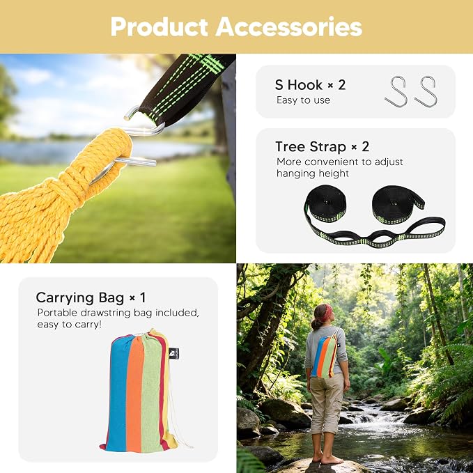 SUNCREAT Hammocks Heavy Duty Double Hammock with Spreader Bar, Carrying Bag, 475 lbs Capacity, Outdoor Hammock Swing, Rainbow