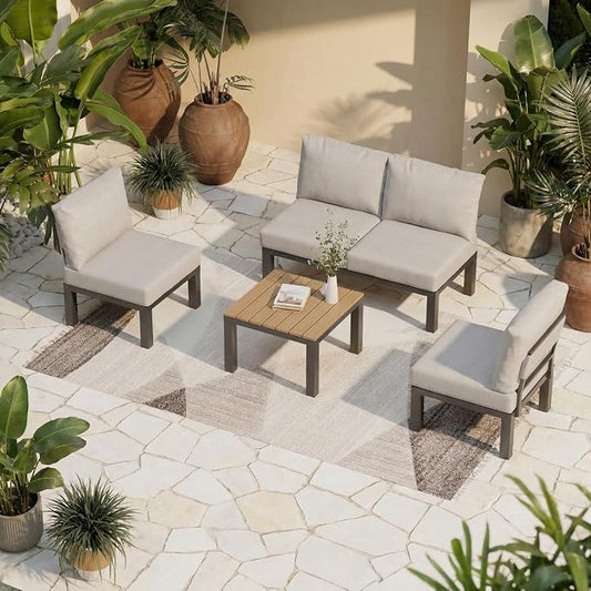 ZANDOR Aluminum Outdoor Patio Furniture Set, 4 Pieces Movable Backrest Modular Sectional Sofa Set, Metal Conversation Set with 4-inch Thick Cushion for Garden Backyard Porch, Grey