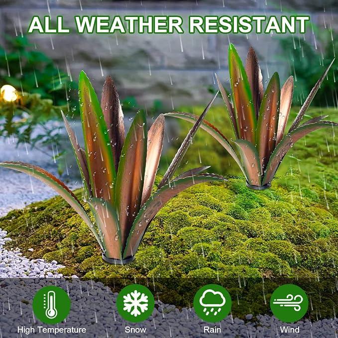 TOMBABY Enlarge Thickened Wind Resistant Metal Agave Garden Art Metal Plant Country Garden Sculpture Statue Outdoor Decoration Agave Metal Plant Courtyard Lawn Ornament Gift (2, 12 Leaves Green)