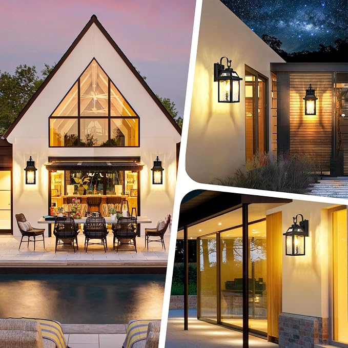 Dusk to Dawn Outdoor Wall Lights, Exterior Lighting Fixtures Wall Mount, Porch Lights Outdoor Wall Sconces with Water Ripple Glass, Outside Lights for House Front Door Garage, 2-Pack | Auto ON/OFF, Waterproof, Rust-Resistant, Durable Metal & Sturdy Gla...