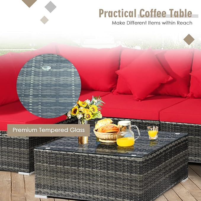 DORTALA 7Pieces PE Rattan Patio Furniture Set, All-Weather Wicker Conversation Set W/Soft Cushions & Pillows, Functional Coffee Table, Outdoor Sectional Sofa Set for Balcony, Poolside, Backyard, Red