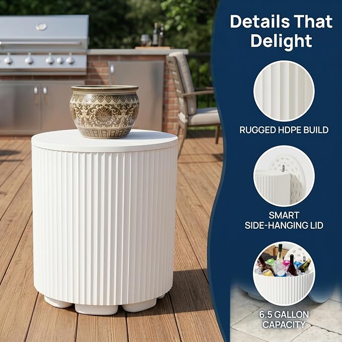Zapdos 3-in-1 Outdoor Cooler Side Table, Dense Fluted Design, 330lbs Capacity Patio Ice Bucket