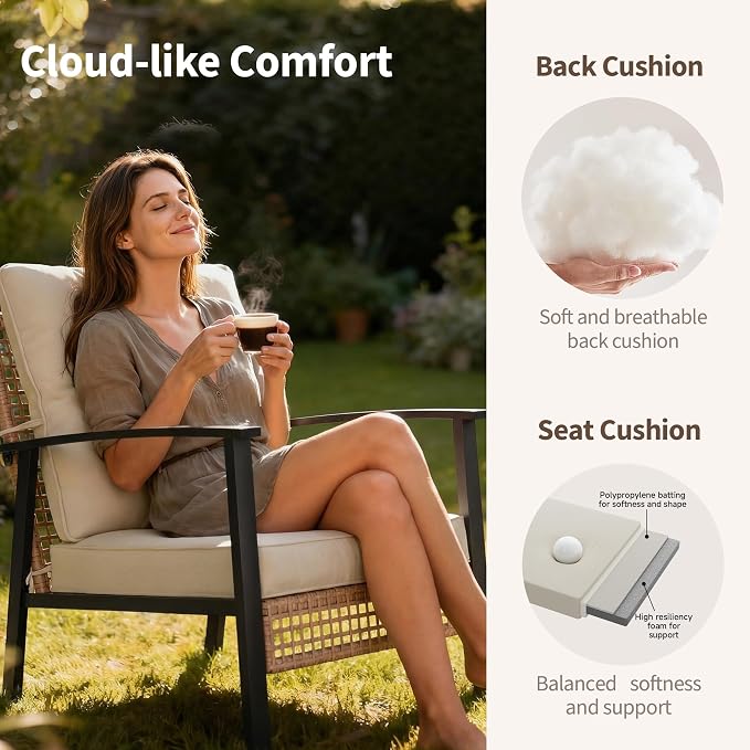 Deersky 4 Piece Outdoor Patio Furniture Set, All-Weather Modern PE Wicker Rattan Conversation Set with 4" Cushions for Comfortable, Easy to Assemble, Cream White