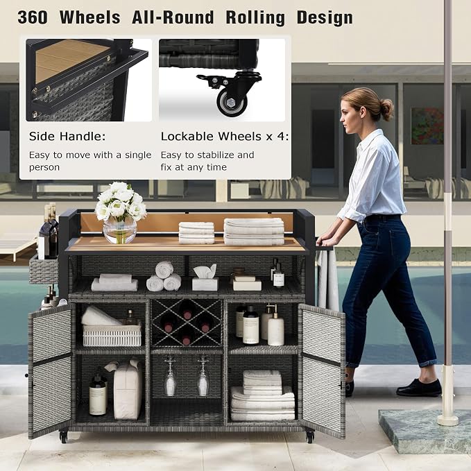 Merax Outdoor Bar Table & Storage Cabinet, Wheels and Drop Leaf Table Top, Patio Bar Table with Raised Shelf for Patio Kitchen or Bar Cart, Grey