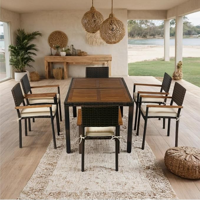 7 Piece Outdoor Patio Dining Set Wicker Furniture Set with Acacia Wood Top Brown Rattan and Cream Cushions 6 Seater Garden Dining Set for Backyard Deck