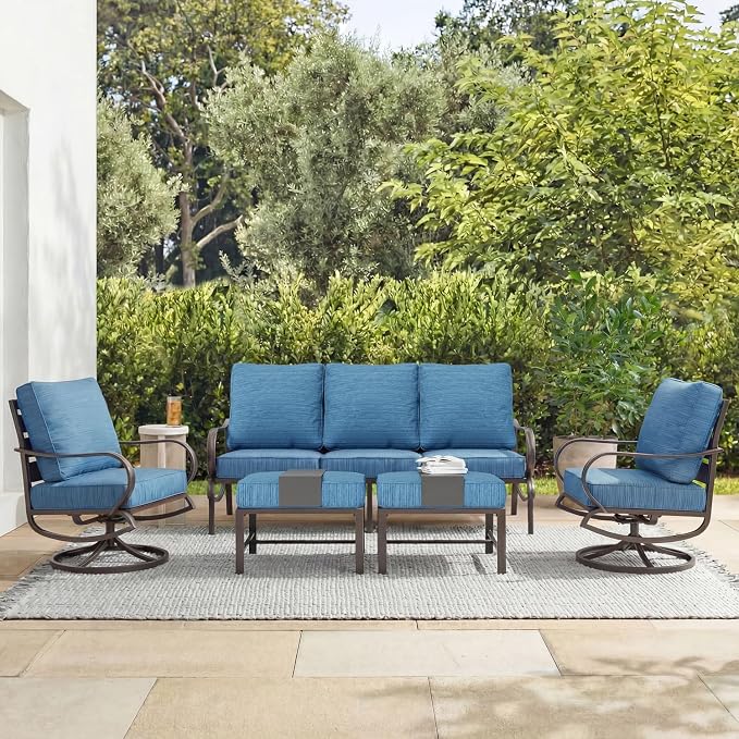 MFSTUDIO 5 Pieces Patio Conversation Sets,Outdoor Metal Furniture Sofas with 1 x 3-Seat Sofa, 2 x Swivel Chairs,2 x Ottoman,Wrought Iron Frame with Peacock Blue Cushion for Patio Courtyard Balcony