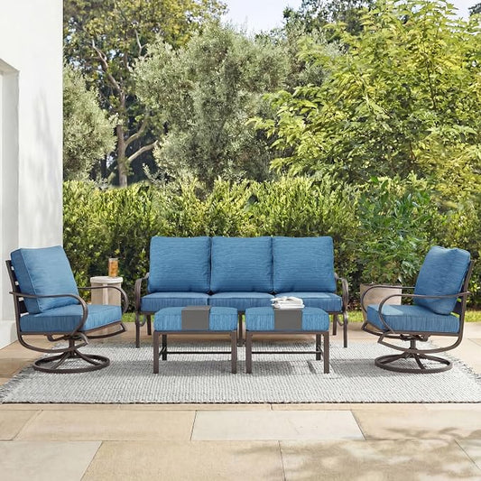 MFSTUDIO 5 Pieces Patio Conversation Sets,Outdoor Metal Furniture Sofas with 1 x 3-Seat Sofa, 2 x Swivel Chairs,2 x Ottoman,Wrought Iron Frame with Peacock Blue Cushion for Patio Courtyard Balcony