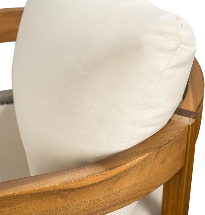 Merax 27.5" Outdoor Curved Accent Chair with All-Weather Cushions, Acacia Wood Frame Single Club Chair for Porch, Lawn, Backyard, Balcony, Teak+ Beige