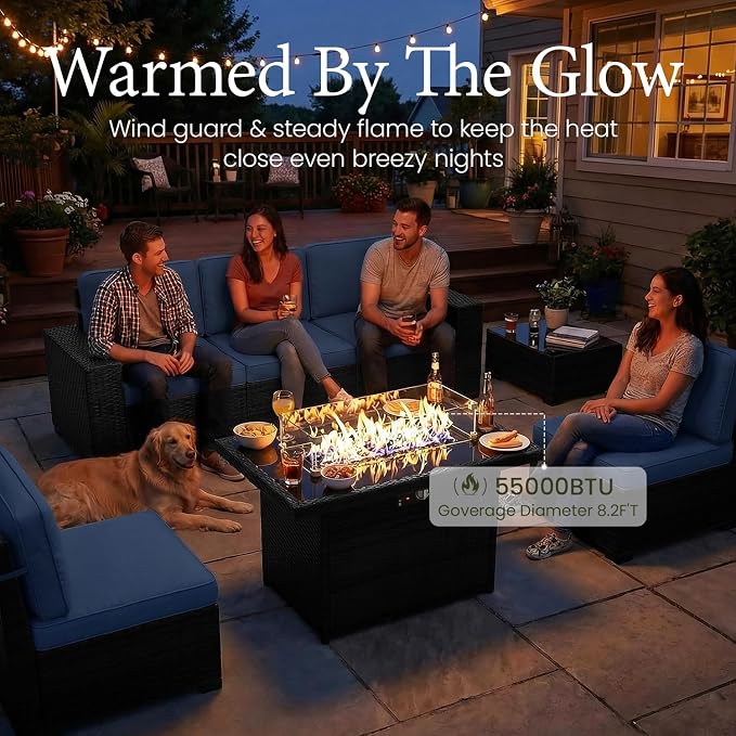 LayinSun 7 Pieces Outdoor Patio Furniture Set with 44" Fire Pit Table Rattan Sectional Sofa Conversation Sets