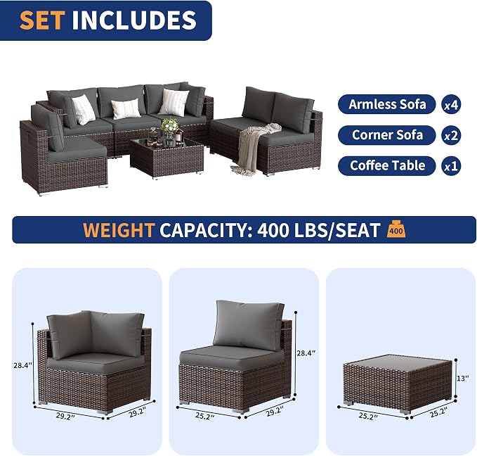 Patio Furniture Set, 7 Pieces Outdoor Sectional Sofa, PE Wicker Backyard Conversation Set with Waterproof Cover & Coffee Table, Modular Outdoor Couch for Garden, Poolside (Brown/Grey Cushions)