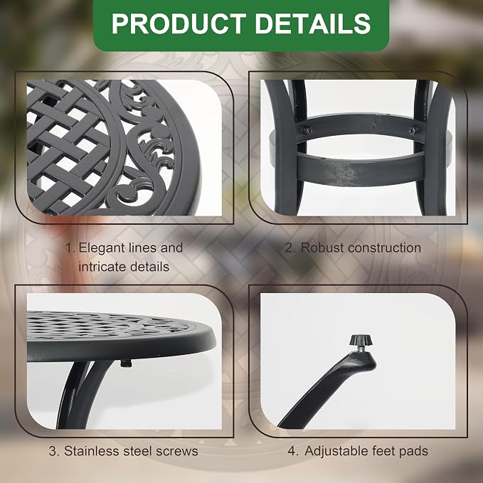 Cast Aluminum Outdoor Side Table, All Weather Metal End Table, Black Small Patio Table for Porch, Garden, Balcony, Black (24" Round Side Table)