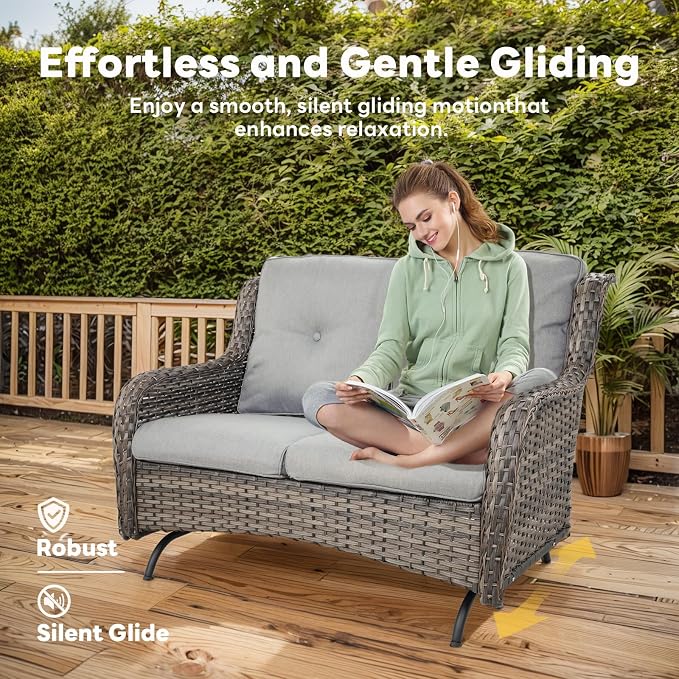 Belord 4 Piece Patio Wicker Furniture Set, Outdoor Swivel Rocker Chairs, All Weather Outdoor Patio Loveseat with Cushion and Coffee Table for Deck Porch, Gray Wicker/Gray