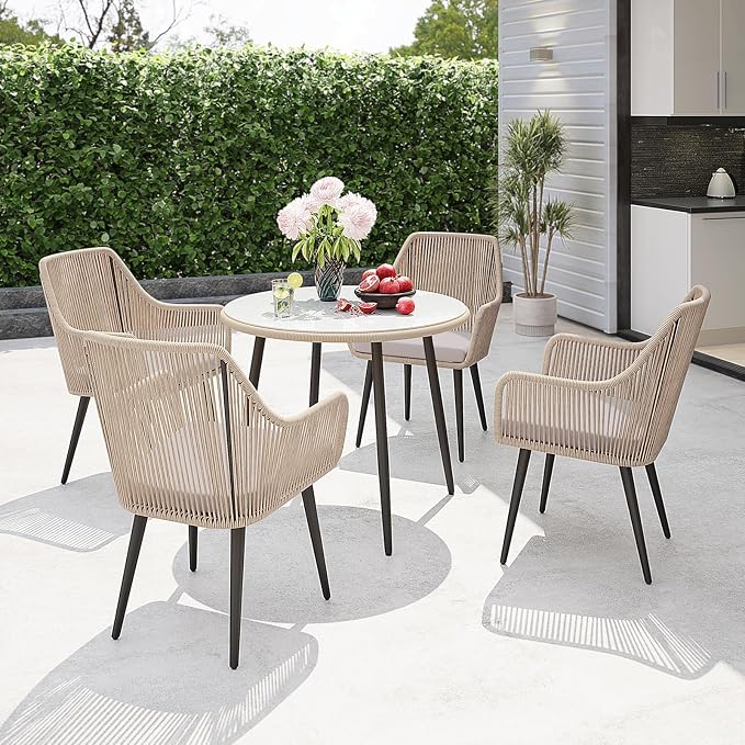 Patiorama Outdoor Dining Table, 35'' Patio Round Table, All-Weather Rope Rattan Wicker Patio Dining Table, Patio Tempered Glass Table with Umbrella Hole, Outdoor Coffee Table for Lawn Garden Pool(Tan)