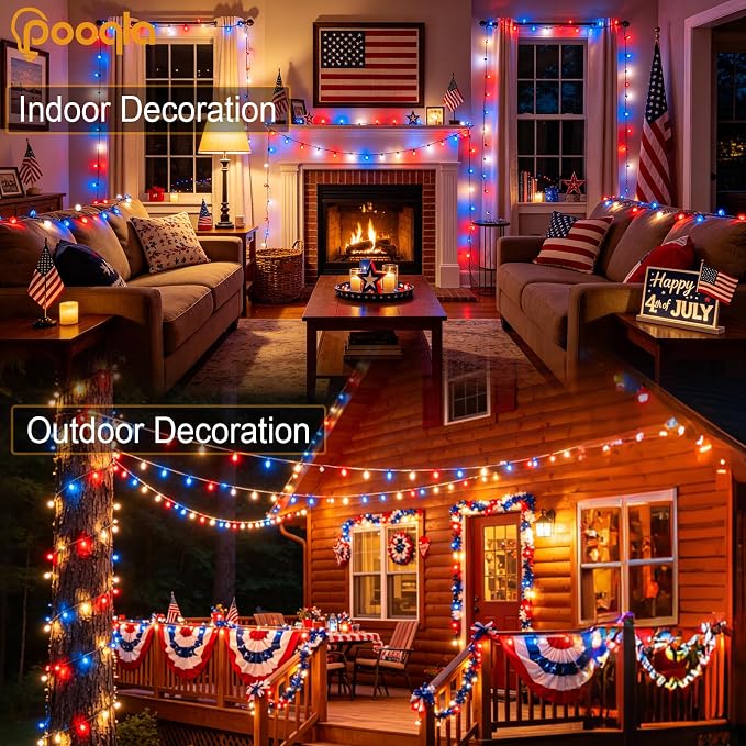 500 LED Red White and Blue 4th of July Lights Outdoor, 164 ft | Green Wire Waterproof Patriotic String Lights with Timer, 8 Modes Connectable Twinkle Fairy Lights Independence Day Decor
