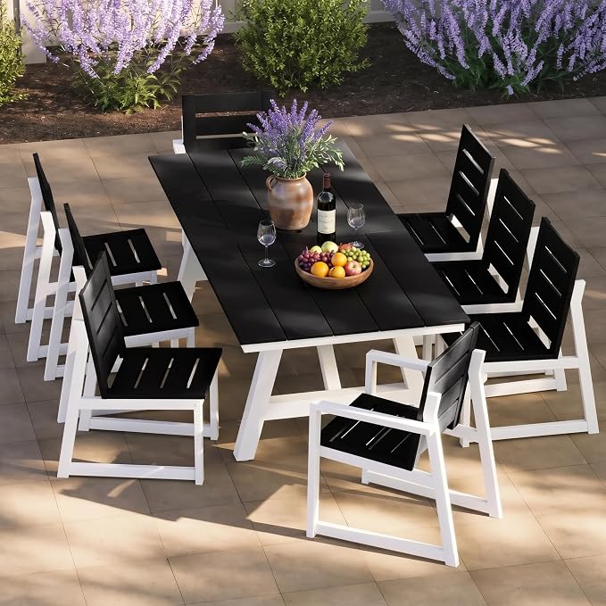Costaelm Rectangle Patio Table, 8-Person Backyard Table 90" HDPE Dining Table with Umbrella Hole and Metal Frame for Outside, Garden, Poolside, Deck, Porch, Balcony, Black