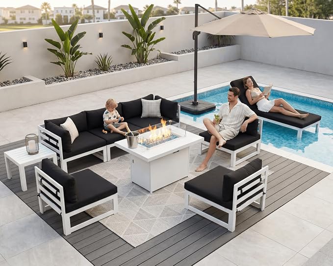 BULEXYARD 7 Seat Large Aluminum Patio Conversation Set with Lounge & Fire Pit Table, 29" Deep Wide Seat, High End Modular Sectional Seating, 500 lbs Heavy Duty Anti-Rust Outdoor Sofa for Pool, Black