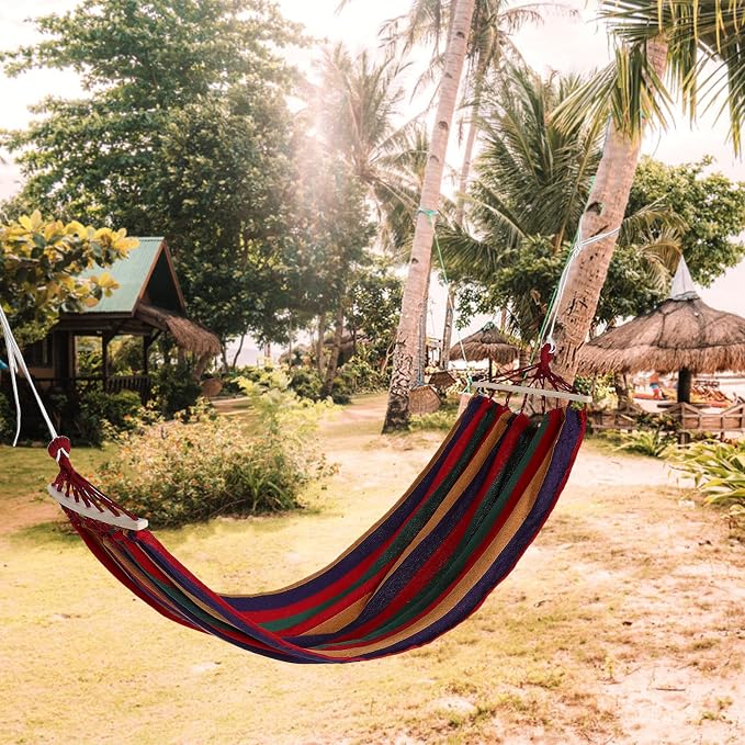 Heavy Duty Outdoor Camping Hammock for Adults, Thickened Canvas Anti-Tip Single Swing 200X80Cm with Curved Rod and Duckbill Buckle, Portable Garden Hanging Bed for Patio and Travel