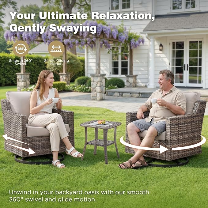 Belord Patio Wicker Swivel Rocker Patio Chairs, Outdoor Rattan Chairs for Deck Porch Garden, 2 Piece Luxury Patio Furniture Set, Beige