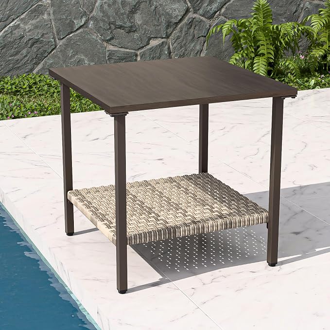 COOS BAY Aurora Terrace Outdoor Side Table, 2 Tier Metal Patio Table with Storage, Wood Grain Top Garden Side Table, All Weather Wicker Furniture