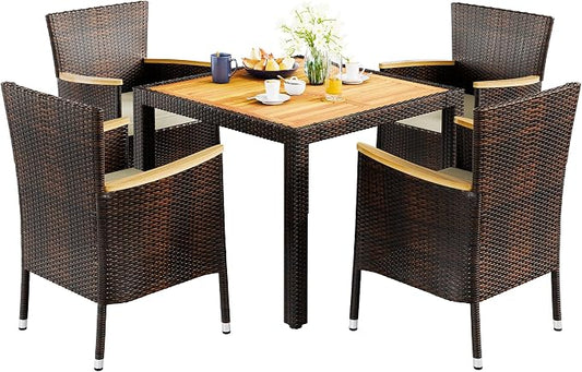 Vongrasig 5 Piece Small Patio Dining Set, Space-Saving Outdoor Wicker Furniture Conversation Set with Wood Table and Cushioned Rattan Chairs for Lawn, Garden, and Backyard (Brown)