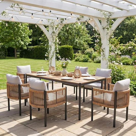SUNSITT 7 Piece Outdoor Patio Dining Set, Patio Dining Furniture Set with 70” Metal Dining Table w/WPC Tabletop and 6 Patio Woven Rattan Chairs w/Curved Armrest for Garden, Beige